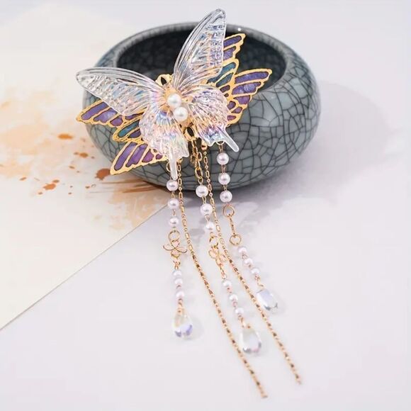 New - Iridescent Gold Pearl and Colorful Butterfly Hair Clip - Picture 2 of 6